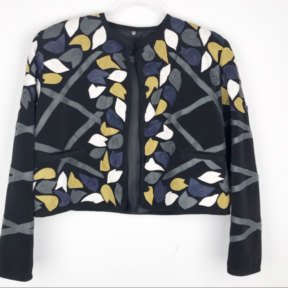 BEAUTIFUL CROPPED BLAZER W LEATHER LEAVES NWOT MED